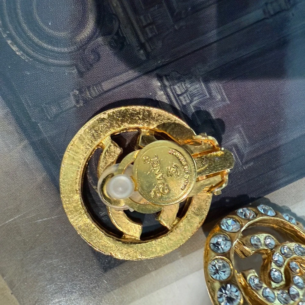 LOT 2018 24K gold plated CHANEL Gold and Crystal Logo Earrings